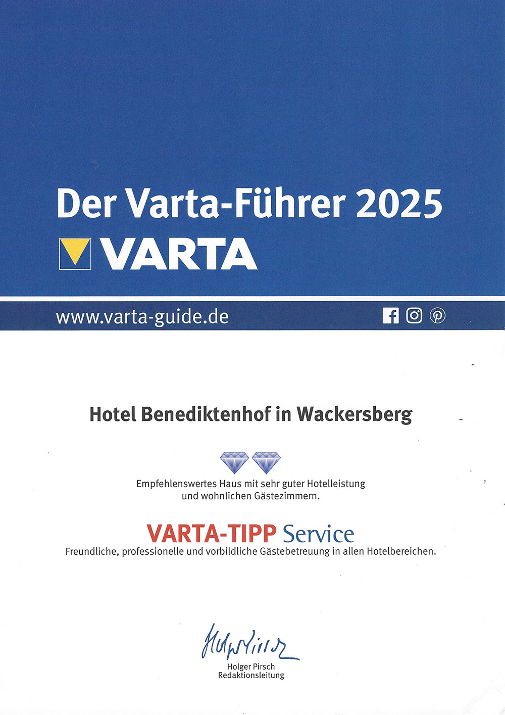 Landhaus-Benediktenhof-Zertifikat-Varta-Führer-2025